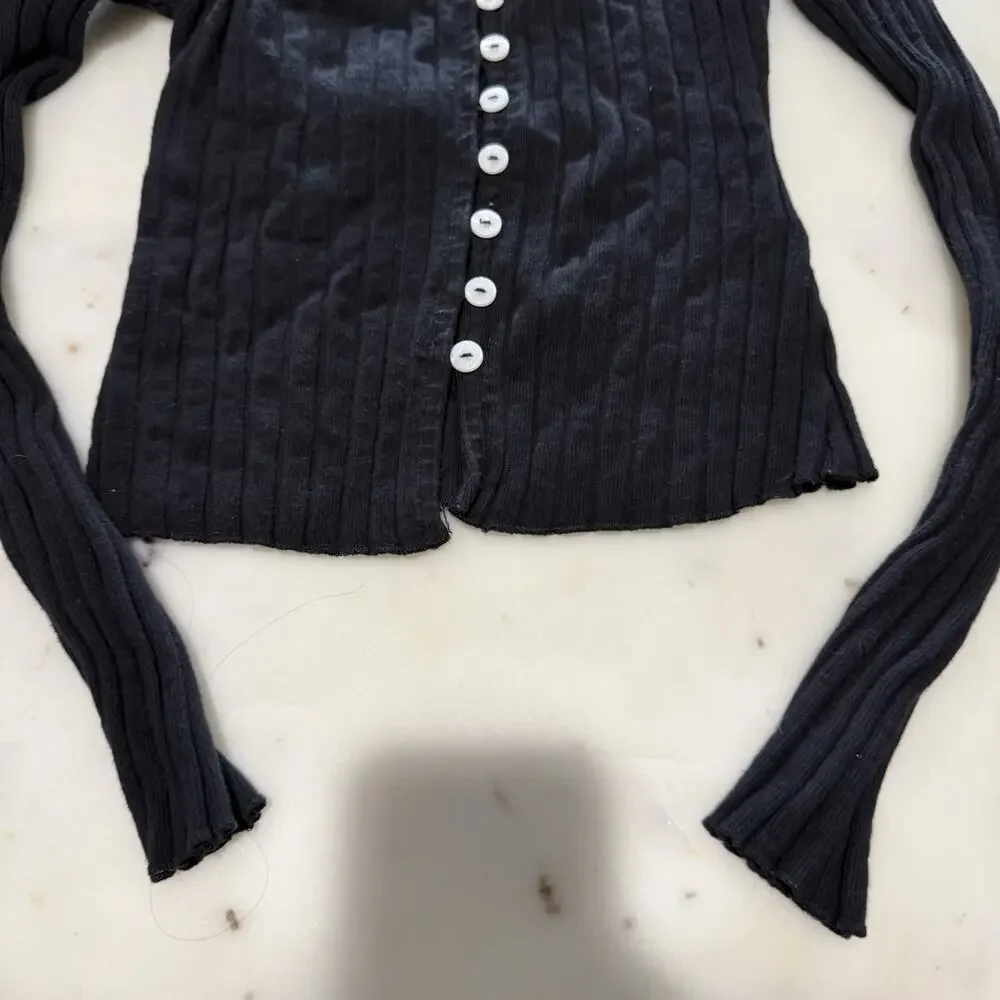 Free People XS Tilly Long-Sleeve Cardi Blouse Top Knit Ribbed Buttondown Black